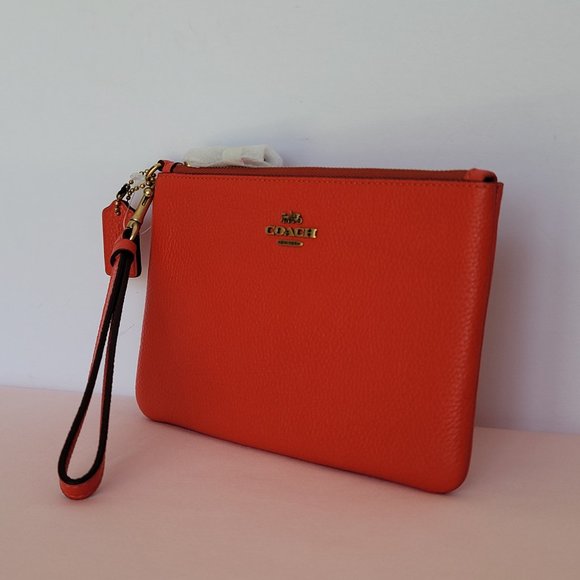 COACH Small Wristlet in Polished Pebbled Leather -Red Orange - Picture 5 of 16